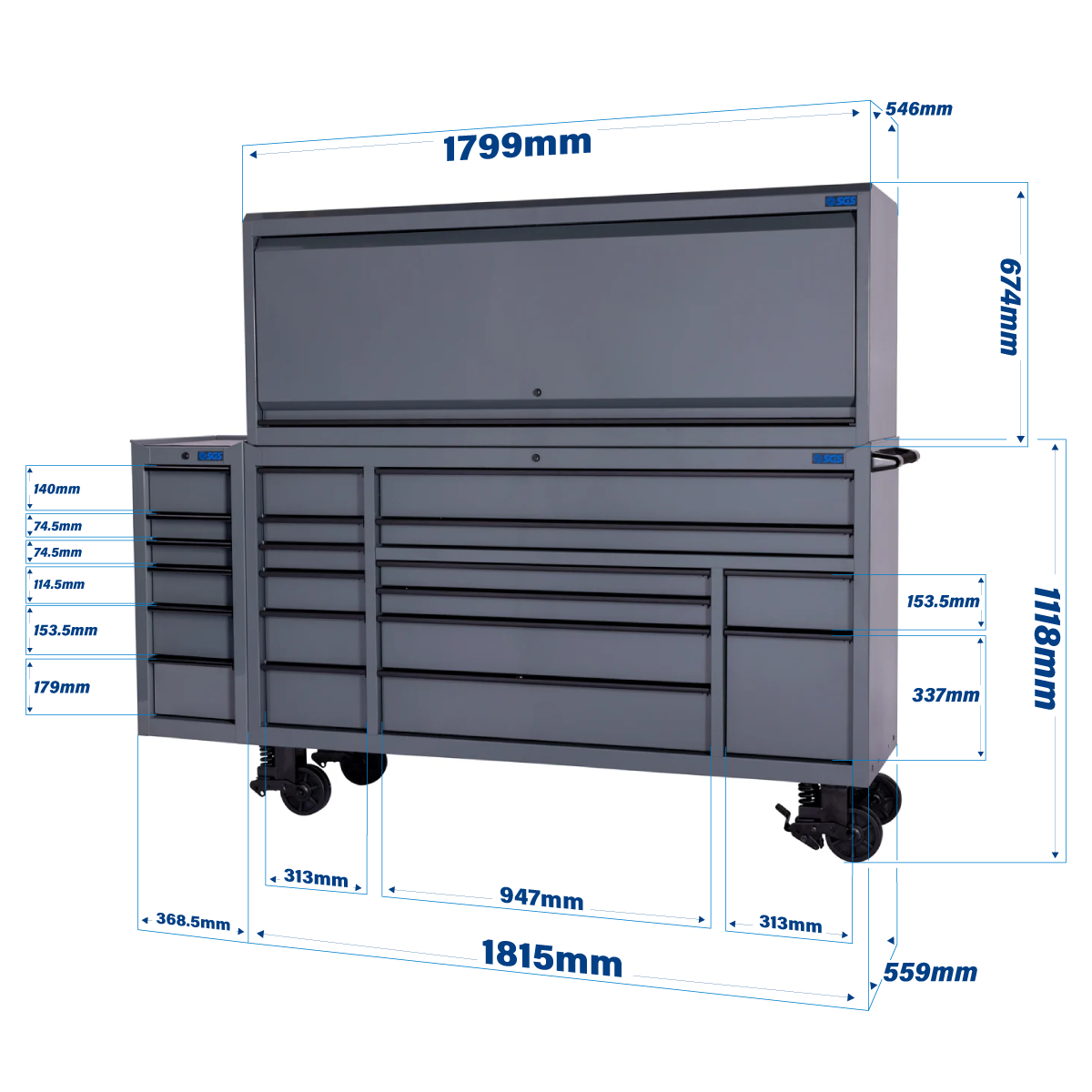 SGS 72in Roller Cabinet with Top Hutch and Side Cabinet | 20 Drawers | Slate Grey